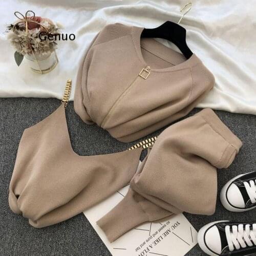2021 Autumn Knitted Sweater Suit Casual New Product Temperament Chain Knitted Jacket + Elastic Pants Three-Piece Sets