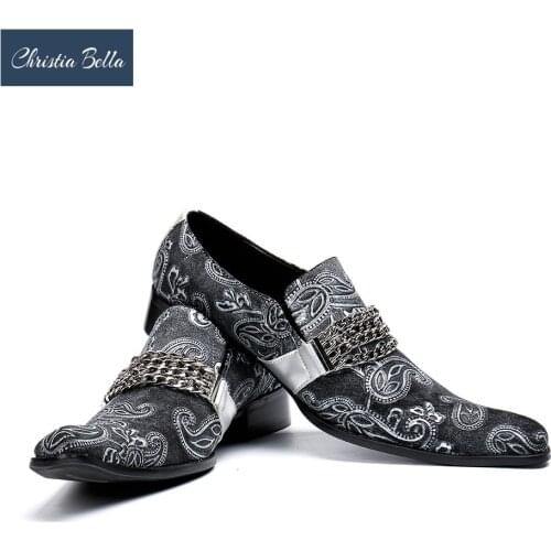 Christia Bella Mens Genuine Leather Dress Shoes with Metal Chain Luxurious Fashion Wedding Shoes for Men Club Shoes
