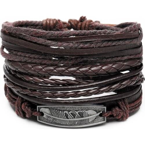 Creative Punk Feather Weave Bracelet Charm Mens Leather Bracelet Bracelet Set Four-Piece Set Fashion New Year Jewelry Gifts