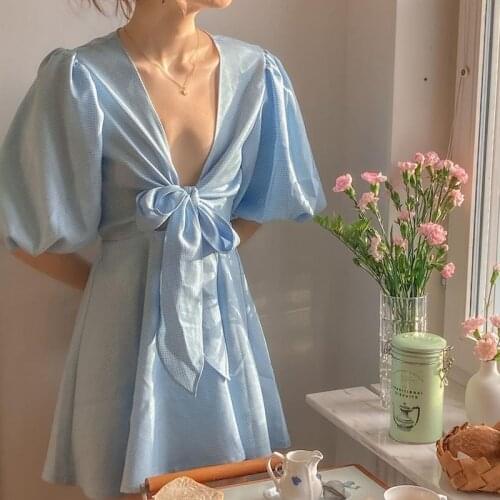 Vintage Summer Cute Blue Sundresses Women Elegant Puff Sleeves French Dress V-neck Bow A-line Mini Outfits Party