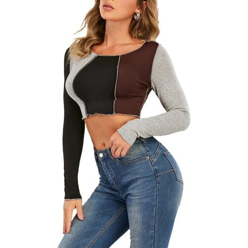 Women Patchwork Crop Tops, Casual Long Sleeve Scoop Neck Color Block Stretchy Blouses