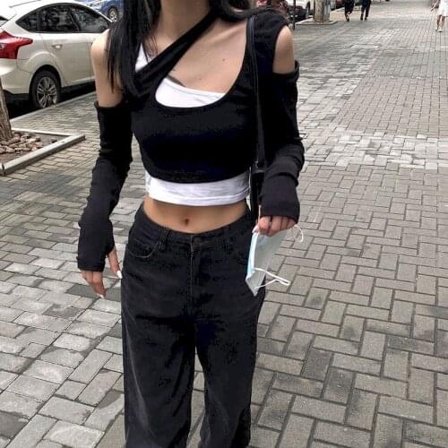 Female Full Hooking Sleeve Sexy T-shirt Girls Slim Stretchy Patchwork Irregular Chic One-piece Tshirts Crop Tops for Woman