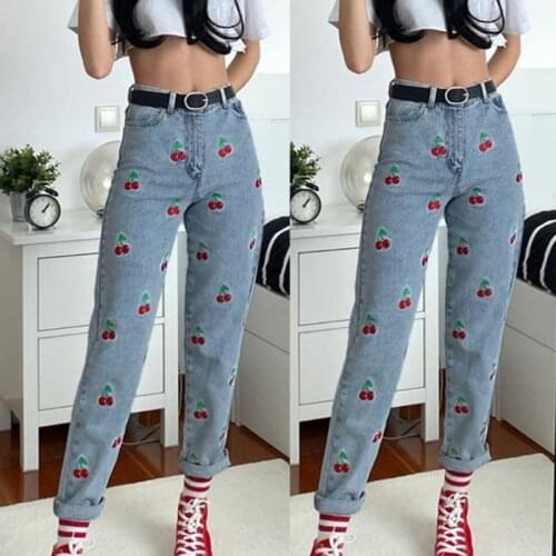 Women High Waisted Pencil Jeans Cute Cherry Embroidered Denim Straight Long Pants Harajuku Slim Trousers with Pockets