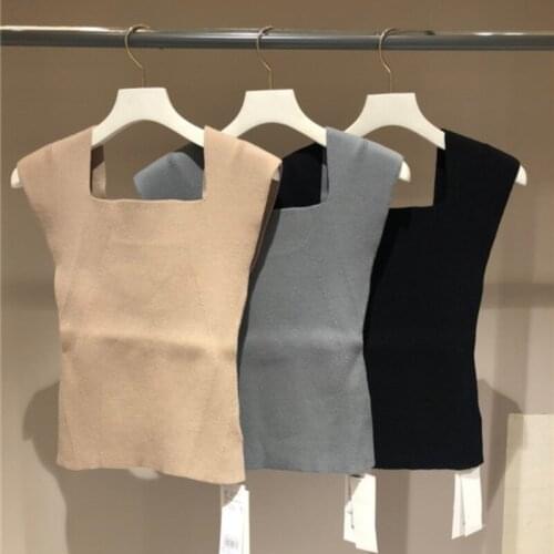 Temperament Square Collor Slim Knitted Tops Women Summer Sleeveless All Matck Soft Pullovers Femme Simple Stretchy Sueter