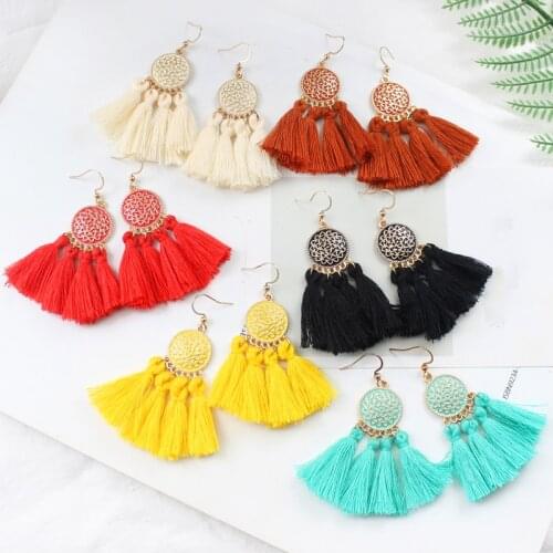 7 style Lucky Ethnic Bohemian Tassel Earrings Ripple Flower Golden Carved Pattern Female Jewelry Silk Fabric Fringe Earrings