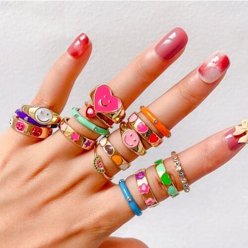 Lost Lady Fashion ING Colorful Enamel Ring Cute Popular Peach Heart Smiley Ring Light Luxury Alloy Jewelry Wholesale Direct Sale