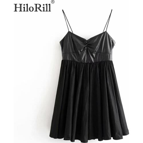 HiloRill Black PU Leather Patchwork Mini Dress Women Spaghetti Strap Pleated Party Dresses Sexy Sleeveless Backless Short Dress