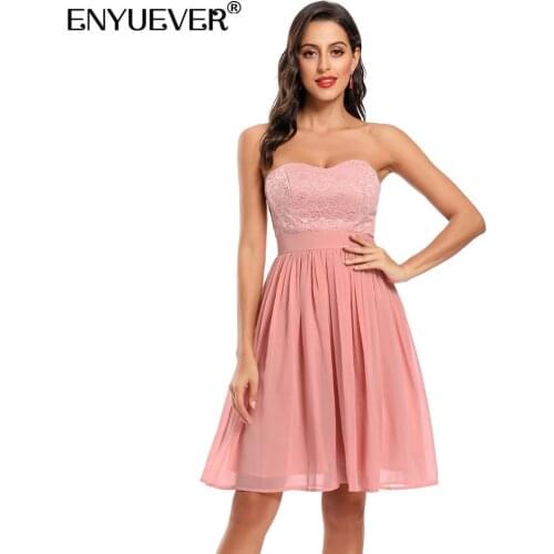 Enyuever Short Pink Formal Dress Women Clothing Strapless Off Shoulder High Waist Lace Chiffon Knee Length Evening Party Dress