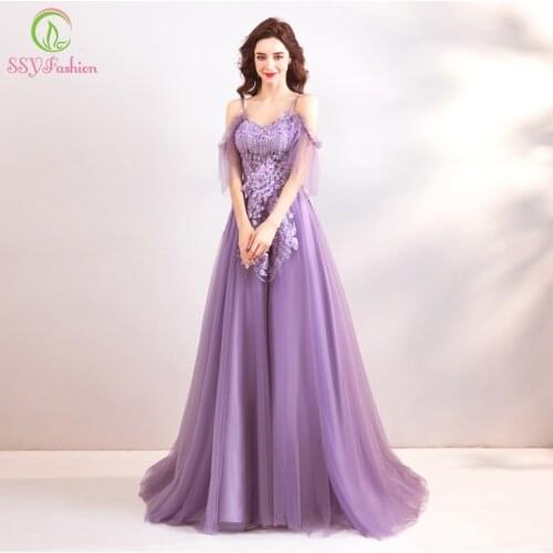 SSYFashion New Purple Evening Dress Sexy V-neck Floor-length Lace Appliques Prom Party Gown Robe De Soiree Formal Dresses