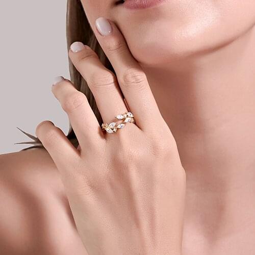 Starry Bling Tree Leaf White Zircon Simple Silver Plated Golden Rose Gold Copper Open Rings for Women