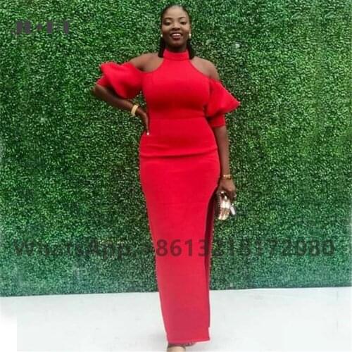 2021 Plus Size Red Sheath Bridesmaid Dresses Long High Neck Wedding Party Gown Elastic Satin Women African Bridesmaid Dresses