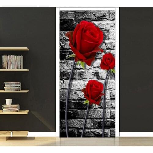 Retro Style Grey Brick Red Rose Flowers 3D Mural Sticker for Door Living Room Bedroom Home Decoration DIY Poster for Wall Closet
