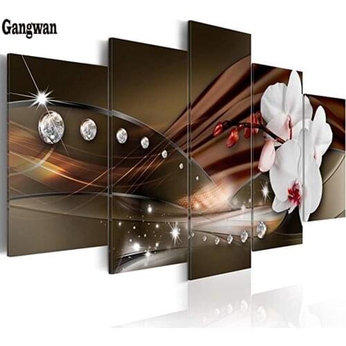 5d cross stitch White Flower Orchids Painting Modern diamond embroidery Diy diamond Painting full drill round mosaic 5 pcs decor