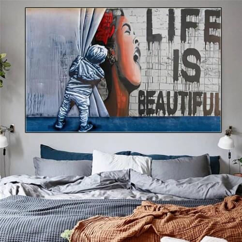Children Behind The Curtains And Life Is Beautiful Posters and Prints of Street Graffiti Art Figure Painting Home Decor Pictures