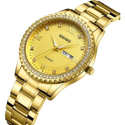 Fashion Gold Watch Diamond Watch Luminous Pointer Dual Calendar Quartz Watch Casual Watch Men Analog WristwatchGold Watch Mens