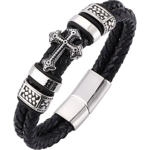 Fashion Black Braid Leather Bracelets Men Charms Cross Cool Stainless Steel Magnetic Clasp Wristband Male Bangles BB0075