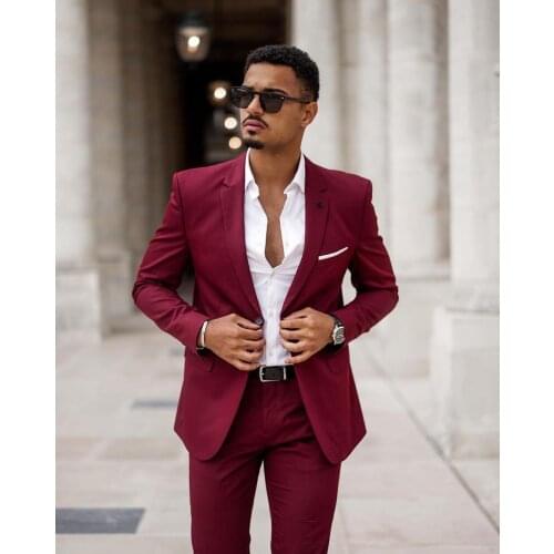 Chic Streetwear Red Slim Mens Suits 2 Piece Beach Groomsmen Wedding Tuxedos For Party Men Formal Prom Suit (Jacket+Pants)