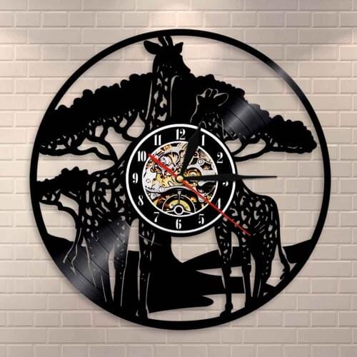 African Animal Home Decor Giraffes Family Wall Clock Vinyl Record Vintage Clock Safari Baby Room Nursery Modern Wall Clock