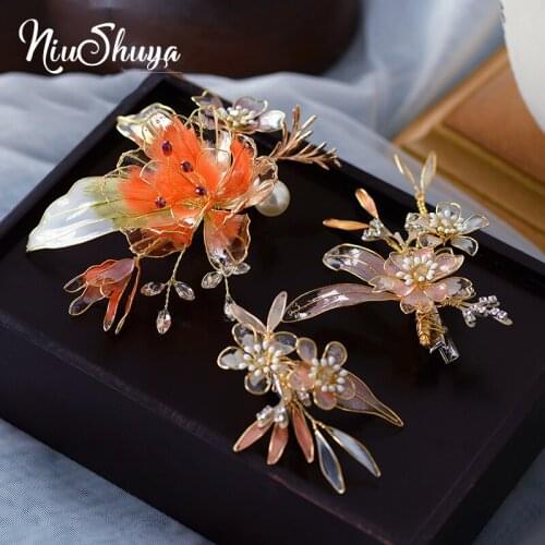 NiuShuya Korea Artificial Liquid Flower Beaded Side Clip Hair Accessories Bridal Orange Flower Headdress Hair Accessories