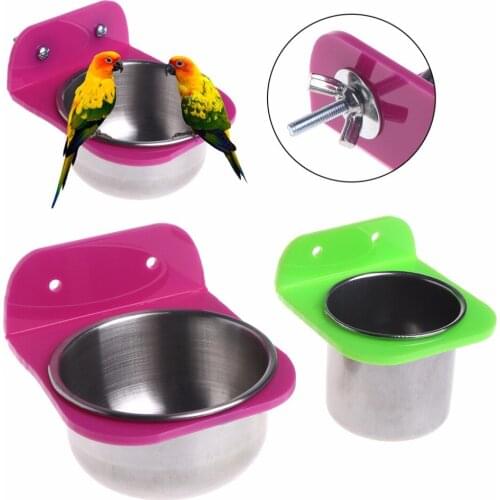 Bird Parrot Feeder Stainless Steel Food Water Feeding Bowl Container Birds Feeders For Crates Cages Coop Parrots Pet C42