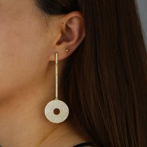 Luxury geometric women jewelry micro pave cz round disco bar charm iced out sparking bling drop earring