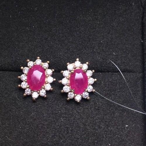 Natural ruby stud earring Free shipping Original real ruby 925 sterling silver 5*7mm*2pcs gemstone For men or women