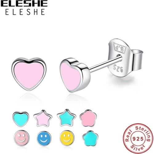 ELESHE 925 Sterling Silver Kids Earring Cute Small Blue Pink Enamel Heart Stud Earrings For Women Girls Children Fashion Jewelry