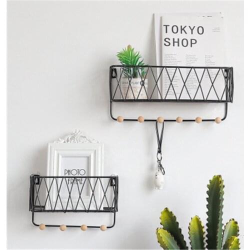 Nordic Iron Art Grid Wall Hanging Shelf Multifunction Home Wall Storage Rack with Hook Door Key Holder No Trace Nails To Install