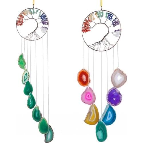 TUMBEELLUWA Tree of Life Agate Slice Wind Chime Handmade 7 Chakra Stone Healing Crystal Wind Chime for Home Decoration Ornament