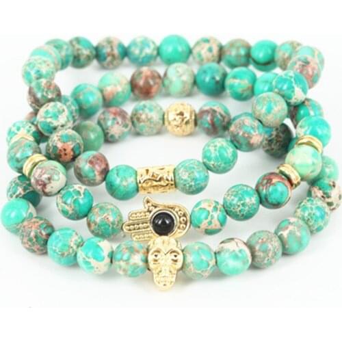 High Quality 3pcs Mix Style Natural Imperial Stone Beads Stone Bracelet Beaded Gold Color Color Skull/Hamsa Men Bracelet
