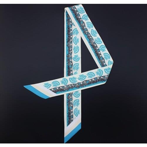 POBING New Design Ocean Shell Print Silk Scarf Women Fashion Head Scarf Brand Small Tie Handle Bag Ribbon Long Scarves 100*5CM