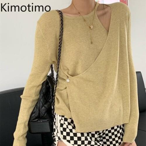 Kimotimo 6 Colors Pullover Knitted Tops Female Wear Korean Fashion Irregular Design Long Sleeve Thin Sweater Fall 2021 Women
