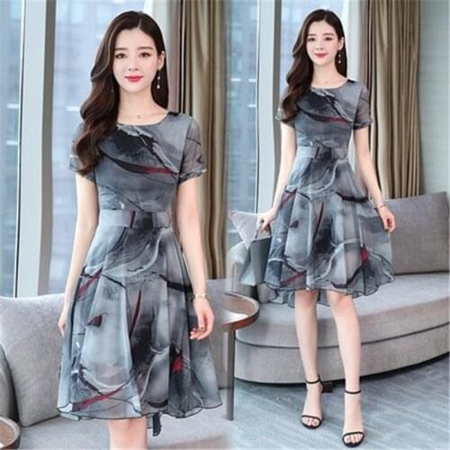 2020 New Women Summer Dress Korean Retro Short Sleeve High Waist Floral Chiffon Dress Female Tops Vestidos V669