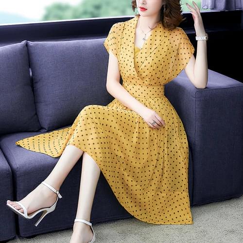 Summer Style Women Yellow Blue Polka Dot Print Middle Aged Women Fashion Chiffon Dresses Temperament Cloak Sleeves Vestido Midi