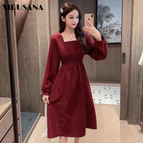 XIBUSANA 2020 Autumn French Style Vintage Dress Lady Solid Long Sleeve Square Collar Elastic High Waist Pullover Dresses Womens