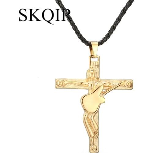 Gold Color Guitar Cross Pendant Necklace Leather Chain Stainless Steel Christian Crucifix Men Jewelry Johnny Hallyday