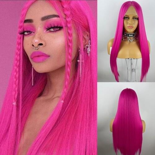 13*6 Hot Pink Colorful Lace Front Wig Long Straight hair Cosplay Wig For Women Synthetic Wigs High Density Temperature Fibre