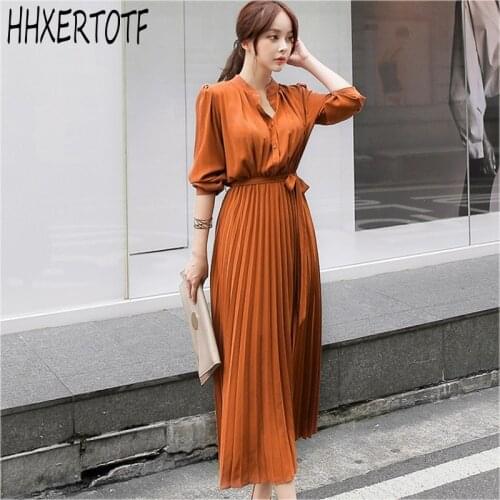 2020 Summer Pleated Sexy Dress Women Vintage Chiffon Long Sleeve Party Dress Casual Vestidos Woman Bow Belt Clothing