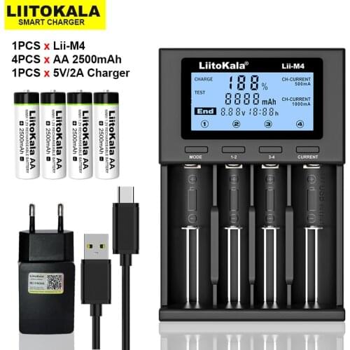 4PCS Liitokala 1.2V AA 2500mAh Ni-MH Rechargeable Battery for Temperature Gun Remote control Mouse Toy +Lii-M4 Charger 5V 2A