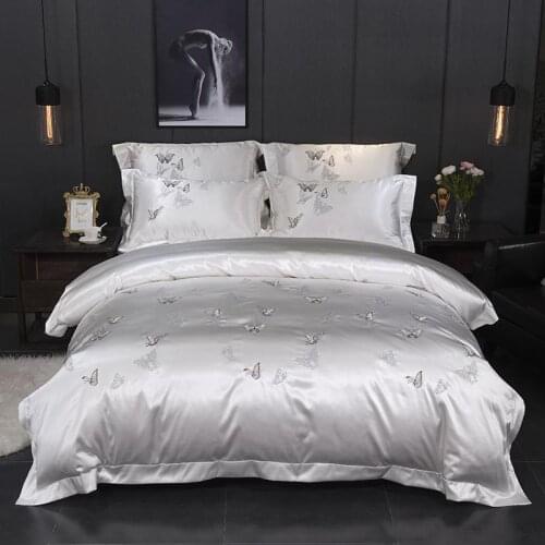 White Silver Silk Cotton Luxury Butterfly Bedding set 4Pcs Queen King size Bed set Embroidery Duvet cover Bedsheets linen set