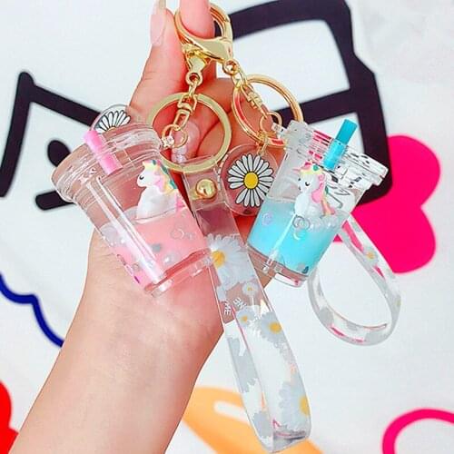 Glitter Quicksand Key Chain Liquid Floating Unicorn Keyring Keychain Bag Charm Milk Tea Cup Pendant Keyfob Gift for Women