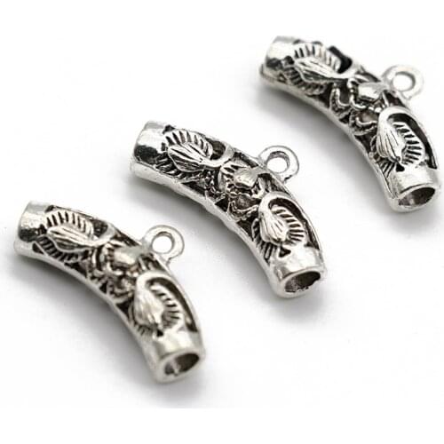 Mibrow 10pcs/lot Vintage Metal 4mm Hole Curved Flower Tube Beads Antique Silver Color Tube Spacer Beads For DIY Jewelry Making