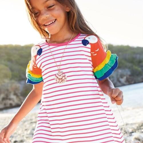 Kids Girls Dress Kawaii Parrot Flower Sleeve Baby Clothes Loose Funny Fashion 8 Kinds Of Girl Dresses Striped Children Clothing