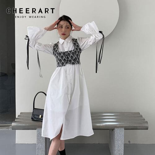 CHEERART 2 Piece White Long Shirt Dress Flare Sleeve Tie Collar Button Up Dress With Vests Spring 2021 Korean Fashion Clothing