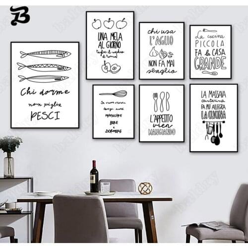 Black and White Canvas Painting Fish Apple Spoon Knife Wall Art Posters and Prints Wall Pictures for Kitchen Room Decoration