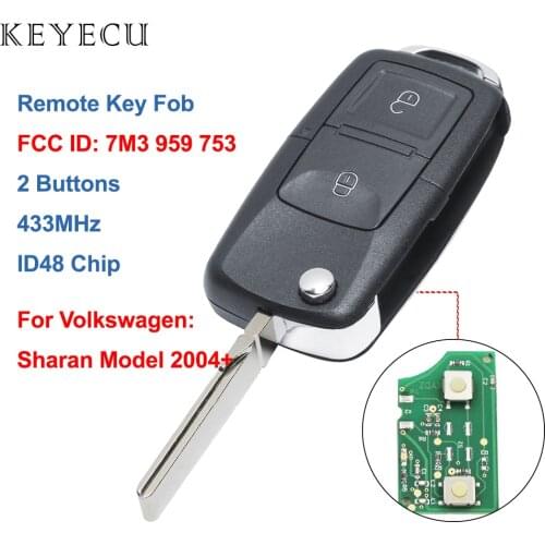 Keyecu 7M3 959 753 Flip 2 Buttons Remote Car Key 433MHZ ID48 for VW For Volkswagen Sharan Model (2004+) HU66 Blade 7M3959753