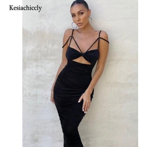 Kesiachiccly Summer Velvet Spaghetti Strap Dress Ruched Midi Skinny Hollow Out Women Fashion Elegant Party Dress High Quality