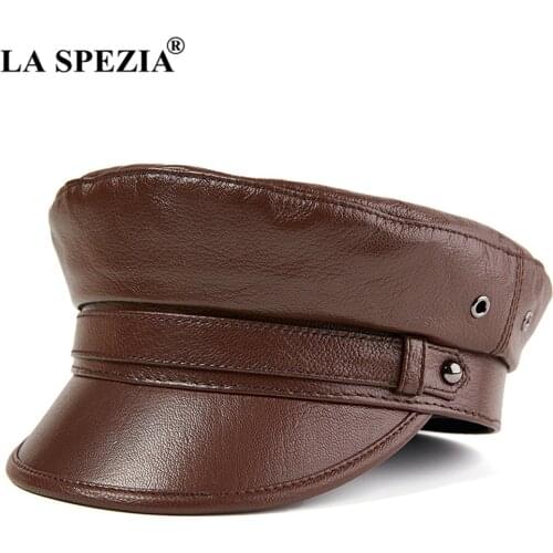 LA SPEZIA Rock Military Hat Men Genuine Leather Cap Motorcycle High Quality Coffee Male Brand Sailor Hat