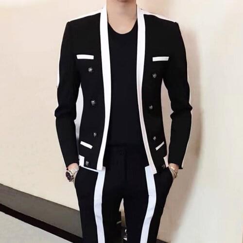 Black and White Contrast Color Suit Jacket Men Autumn Plus Size Korean Style Slim Fit Double Breasted Wedding Party Blazer Coat