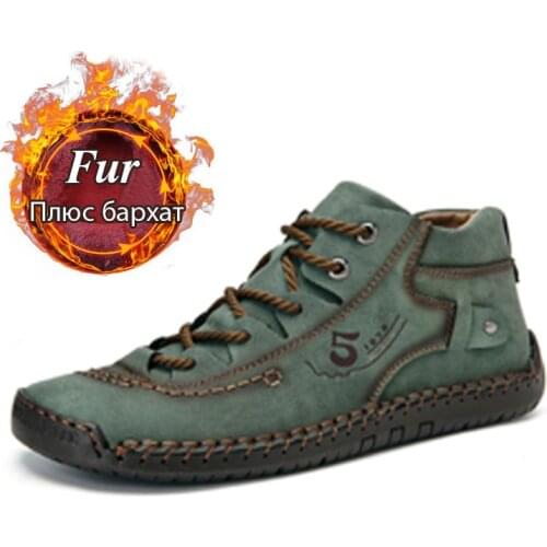 Fashion Men Leather Boots Mens Warm Fur Snow Boots Winter Shoes High Quality Split Leather Comfortable Ankle Men Warm Boots 48